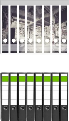 Produktbild von Wallario 8 Stück schmale Ordner inkl. Klebeetiketten mit Motive Alte verlassene Fabrikhalle -  Set mit Rückenschildern / Ordnerrücken Stickern