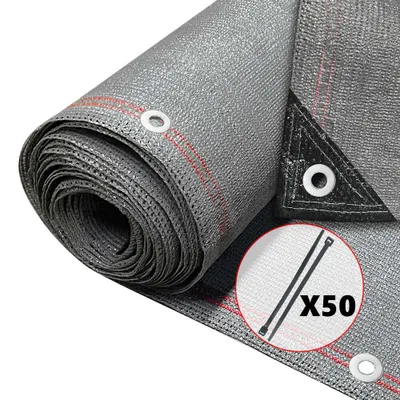 A rolled-up piece of grey mesh fabric with red stitching and grommets, likely a privacy screen or shade cloth. A circular inset shows two black zip ties with the text 'X50'.