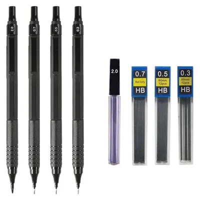 Immagine prodotto di Set di matite a grafite, 4 pezzi, con punte da 0,3, 0,5, 0,7 e 2,0 mm, colore nero, corpo in metallo, con confezione regalo