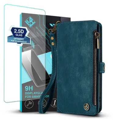 Produktbild von Handy Hülle für Samsung Galaxy S25 Ultra Geldbeutel Geldbörse RFID Schutz Klapphülle Cover Schutzhülle Wallet mit 9H Displayglas Displayschutz Farbe: Petrol