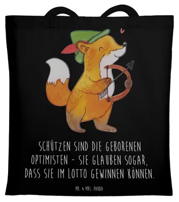 Produktbild von Mr. & Mrs. Panda Jutebeutel Schütze Optimist - Schwarz - Geschenk, Laptoptasche, Tierkreiszeichen, Einkaufstasche, Beutel, Optimismus, Geschenke Astrologie, Horoskop