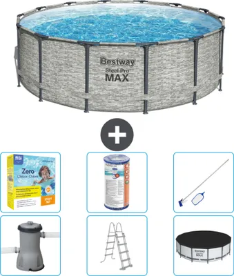 Produktbild von Bestway Round Steel Pro MAX Schwimmbad – Steindruck – 427 x 122 cm – inklusive Pumpe – Leiter – Abdeckung Wartungspaket - Filter - Reinigungskit