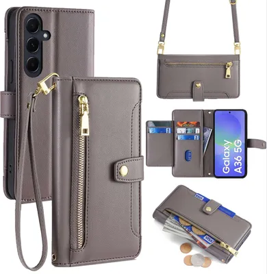 Produktbild von Handykette für Samsung Galaxy A36 Hülle mit Band Handyhülle Kartenfächer Kunstleder Umhängetasche in Grau