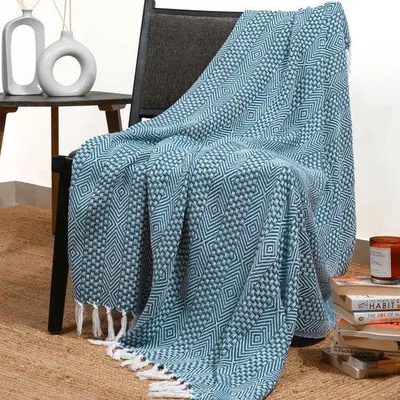 Obrázek produktu pro Ibenzoa® Oboustranná deka na pohovku z 100% bavlny – 127 x 152 cm. Ideální jako deka a přehoz na pohovku, křeslo, na piknik, s bambulkovým lemem