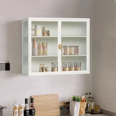 Produktbild von Flieks Wandschrank Hängeschrank mit Glastür und verstellbaren Einlegeböden, Badezimmerschrank Küchenschrank Wohnzimmerschrank, Weiß