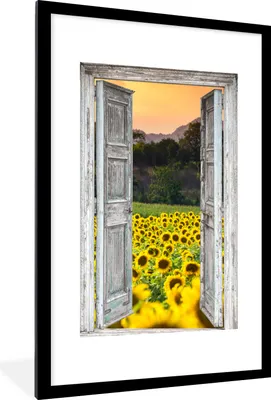 Produktbild von MuchoWow® Gerahmtes Poster Sonnenblume - Abend - Blumen - Ansicht 60x90 cm - Poster mit Schwarzem Bilderrahmen Wandposter Rahmen Foto Bilder - Dekoration - Wandposter Wohnzimmer - Hochwertig