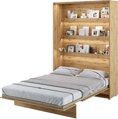 A murphy bed with integrated shelving, pulled out and ready for use.