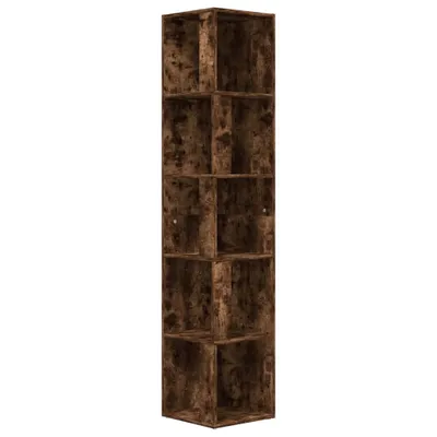 A tall, narrow, multi-shelf bookcase with a wood-like texture.