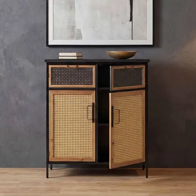 Image de Commode à pharmacie HWC-O79, Armoire Highboard Compartiments de rangement, Vintage Shabby-Look 94x80x35cm, aspect rotin