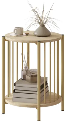 Produktbild von Beistelltisch mit 2 Ablagen, Staufach und Stahlgestell, ? 41 x 49 cm, Holzoptik