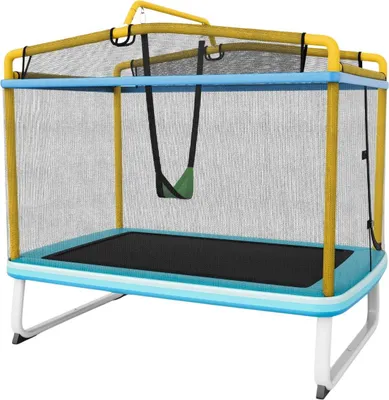 Image de Trampoline enfant rectangulaire 3 en 1 190 x 124 cm Trampoline de loisirs avec filet bleu + jaune