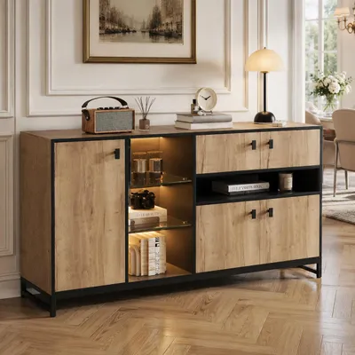 Produktbild von Mehrzweckschrank 160x84,5x40 cm Highboard mit LED-Beleuchtung & Glasregal, Vorratsschrank höhenverstellbar, Wohnzimmerschrank Holz & Metall Schwarz