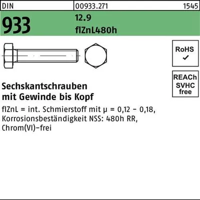 Produktbild von Sechskantschraube DIN 933 VG M 8 x 20 12.9 flZnL 480h zinklamellenbesch.