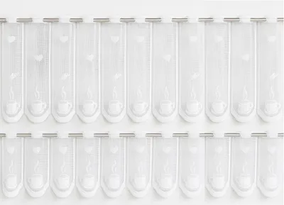 Two rows of white lace curtains with a coffee cup and heart pattern, hanging from a rod.