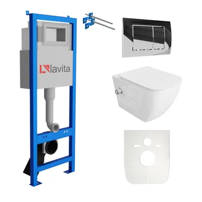 Produktbild von Lavita LAV 101 Vorwandelement für WC 40cm + Wand Hänge Tiefspül WC PARANA Weiß Spülrandlos + Bedienplatte LAV 200.1.2 Verchromt | Komplettset | Unterputz Spülkasten | Toilette Komplett Sett
