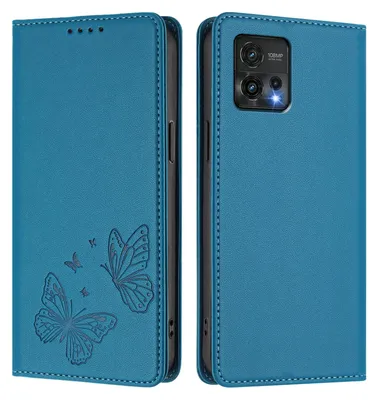 Produktbild von Lederhülle für Motorola Moto G72, Schmetterling Prägung Leder Brieftasche Schutzhülle mit Ständer Blau