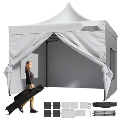 Obrázok produktu pre Pavilón 304,8x304,8x320cm - Záhradný stan 500DPolyuretánstrieborná tkanina - Skladací pavilón s nastaviteľnou výškou vrátane úložnej tašky - Párty stan pre 6-8 osôb - Vysúvací stan - Biely - Záhradný pavilón na kempovanie
