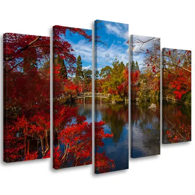 Produktbild von 5-teiliges leinwandbild japan garten landschaft bild 200x100 cm Feeby rot wandbild bereit zum aufhängen