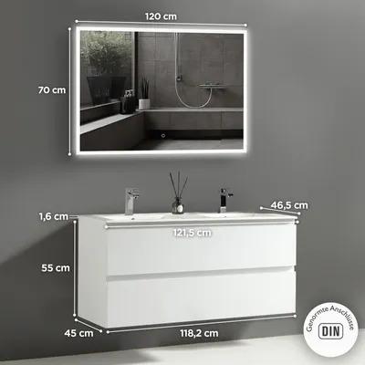 Produktbild von Alpenberger Waschtisch mit Unterschrank | Doppelwaschbecken | Waschbeckenunterschrank mit Waschbecken | Badezimmer Spiegel mit Led