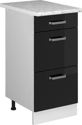 Produktbild von Küchenunterschrank Vicco R-Line Schwarz Hochglanz 40 cm mit Schubladen, AP Marmor, Model 41154