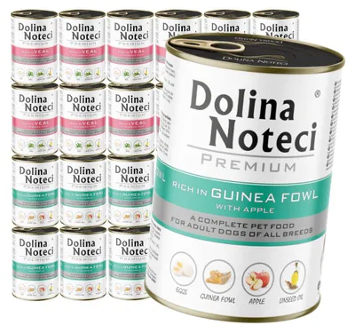 Zdjęcie produktu dla Dolina Noteci Premium 24x400g Bogata w Cielęcinę z Groszkiem i Perliczkę z Jabłkiem Mokra Karma Dla Psa