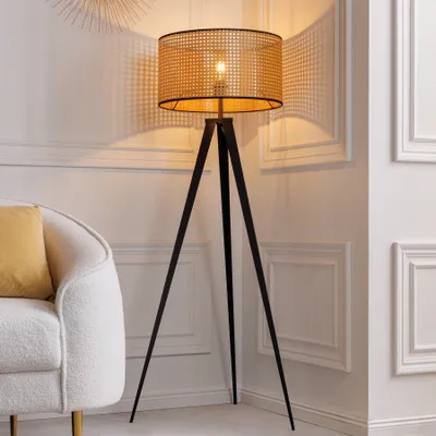 Produktbild von riess-ambiente Boho Stehlampe VIENNA 142cm natur schwarz Wiener Geflecht Metall Dreifuß Stehleuchte Standleuchte Lampe