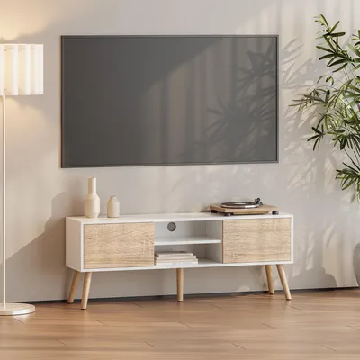 Image de Meuble TV « Eskilstuna » avec 2 portes et 2 étagères Blanc/chêne