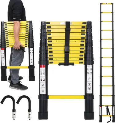 Produktbild von Jayseuw 3,8M Alu Teleskopleiter Klappleiter Stehleiter Schiebeleiter Mehrzweckleiter Leiter Anlegeleiter Aluleiter (3,8M) schwarz