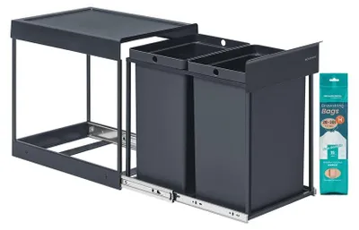Immagine prodotto di Contenitore per rifiuti con due scomparti e sistema di raccolta differenziata estraibile | Grigio | 32,4 x 48,6 x 44 cm
