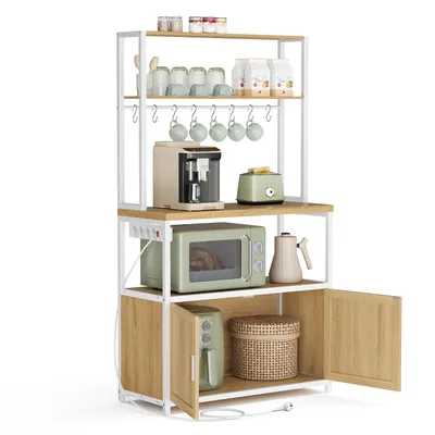 Produktbild von Küchenregal mit Steckdosen, Küchenschrank, 40 x 80 x 170 cm, Standregal mit 8 Haken, goldeichenfarben-weiß