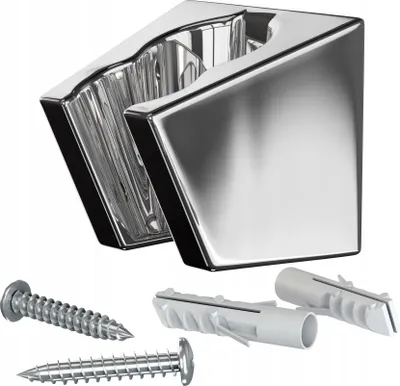 A chrome shower head holder with screws and wall plugs on a white background.