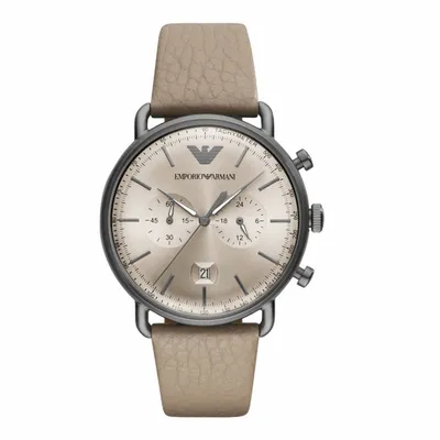 A close-up studio shot of a men's wristwatch with a beige leather strap.