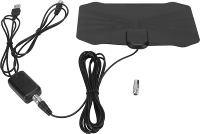 A black digital TV antenna with its cables and a small adapter.