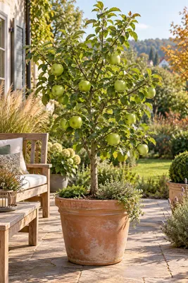 Image de Apfelbaum Granny Smith – *Malus domestica* en pot, hauteur totale de 100 à 120 cm (pot inclus), arbre fruitier produisant des pommes vertes et croquantes