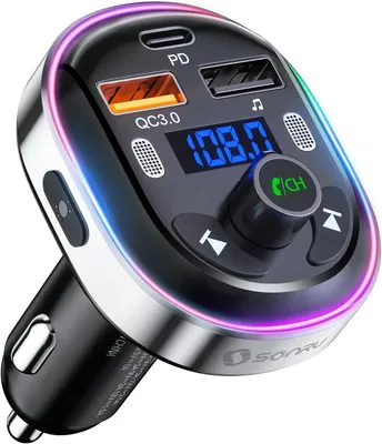 Produktbild von MODFU Auto Bluetooth FM Transmitter, Blaue Umgebende Leuchte Drahtloser Radio Kfz-Empfänger Adapter mit Freisprecheinrichtung, Dual USB Ladegerä