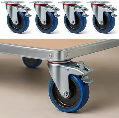 Produktbild von Set von 4 Lenkrollen mit Kunststoffrädern Ø125mm, bis 200kg pro Rad, mit Bremse und Anbauplatte