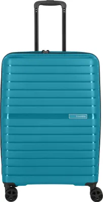 A teal suitcase with a retractable handle and wheels.