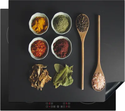 Produktbild von KitchenYeah© Herdabdeckplatte Schöpfkelle - Gewürze - Kräuter - Grün - Braun - Rustikal , 59x52cm, Küche Deko, Glaskeramikkochfeld Herdabdeckung, Abdeckplatte fùr Kochfeld