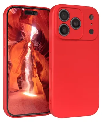 A red smartphone case is shown from the back and side, with a canyon landscape displayed on the phone screen.