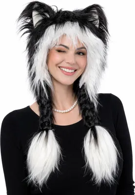 Produktbild von Damen Plüschmütze mit Ohren und Zöpfen Schwarz/Weiß Katze