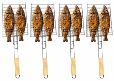 Obrázek produktu pro Sada 4 kusů nerezových grilovacích košíků na ryby s dřevěnými rukojeťmi, rozměry 23,5 x 23,5 cm – košík na ryby, grilovací košík, držák na ryby vhodný pro pstruhy, lososa, krevety a zeleninu – grilovací kleště pro grilování, kempování a další grilovací příslušenství