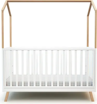 Produktbild von AT4 - Baybett Hausbett Holz 70x140 KASA Weiß und lackierte Buche | Babybett umbaubar zum boden juniorbett mädchen und Jung | Gitterbett mit Lattenrost 3 Stufen Höhenverstellbar |Abnehmbare Bettleiter