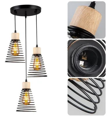 3-flammige Hängelampe Vintage E27, Metall/Holz, Industrie-Design, schwarz