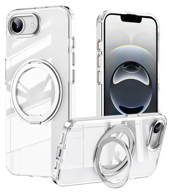 Multiple views of a clear phone case with a silver ring on the back, designed for an iPhone.