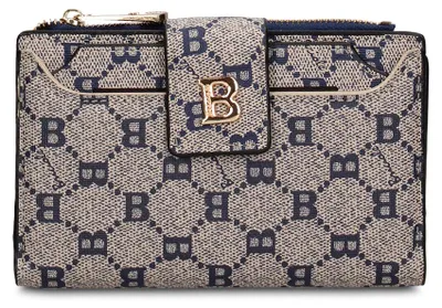 Imagen del producto de Cartera de piel sintética con cremallera y diseño monograma. Disponible en beige, azul, y verde. Dimensiones: 16 x 10 cm