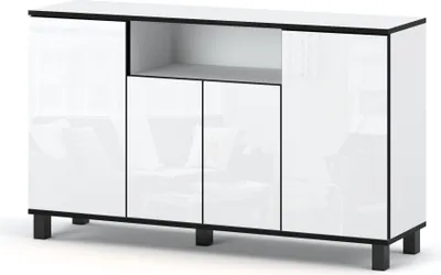 Zdjęcie produktu dla STIV Möbel | Komoda 140x35x80 cm Biały Mat / Biały Połysk | 4 Drzwi | 9 Półek | Do Salonu i Sypialni