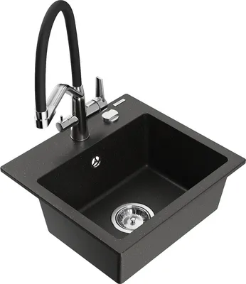 Produktbild von Mexen Milo 1-Becken-Granitspüle mit Mischbatterie Duo, Schwarz/Gold metallisch - 6505-75-671701-07