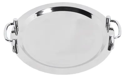 Image de Plat de service en acier inoxydable avec finition miroir brillante et poignée, destiné aux hôtels, restaurants et banquets, de forme ronde (diamètre 40 cm/15,75 pouces)
