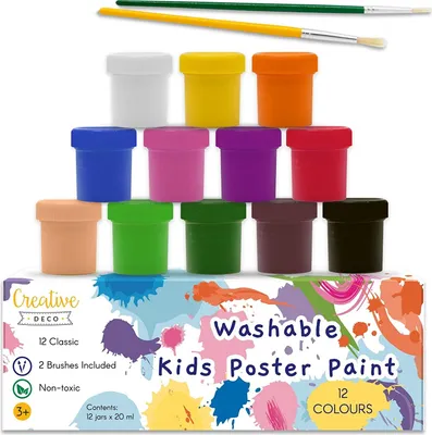 A product shot of poster paints and brushes, with packaging at the bottom.