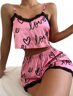 Produktbild von Satinpyjama - Damen - mit Spitze - Zweiteiliger Pyjama - Kurze Hose und Nachthemd - Einheitsgröße - Rosa